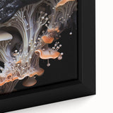 Close-up of textured black wall art with colorful elements on a framed canvas, suitable for a large living room.
