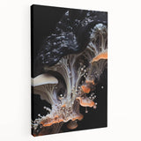 Close-up view of a large art print featuring natural elements on stretched canvas, in muted earth tones.