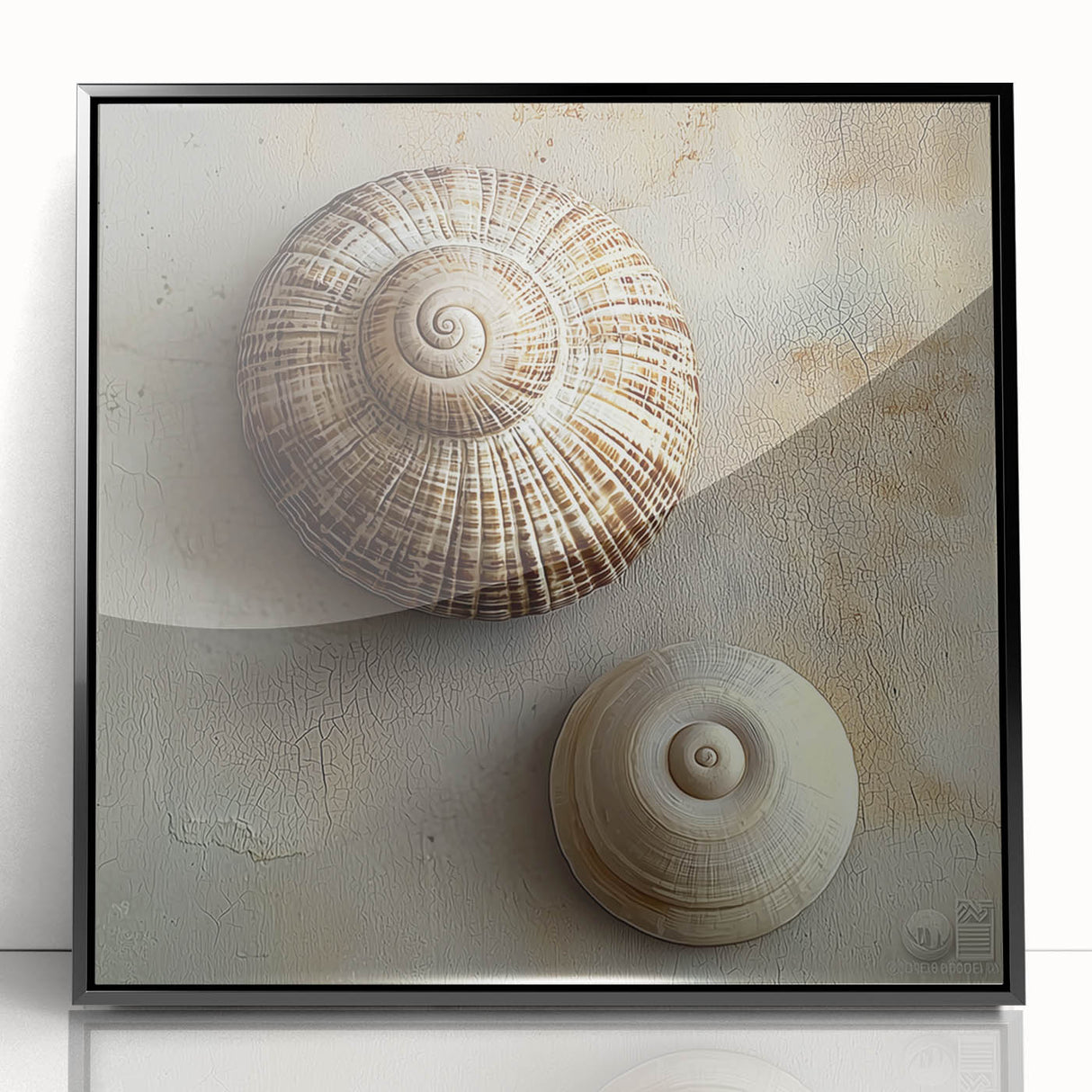 Large abstract wall art featuring swirling patterns in muted earth tones, framed in black acrylic.