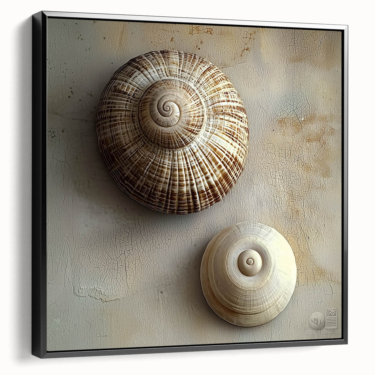 Black and white landscape art painting on framed canvas, depicting close-ups of nature elements.
