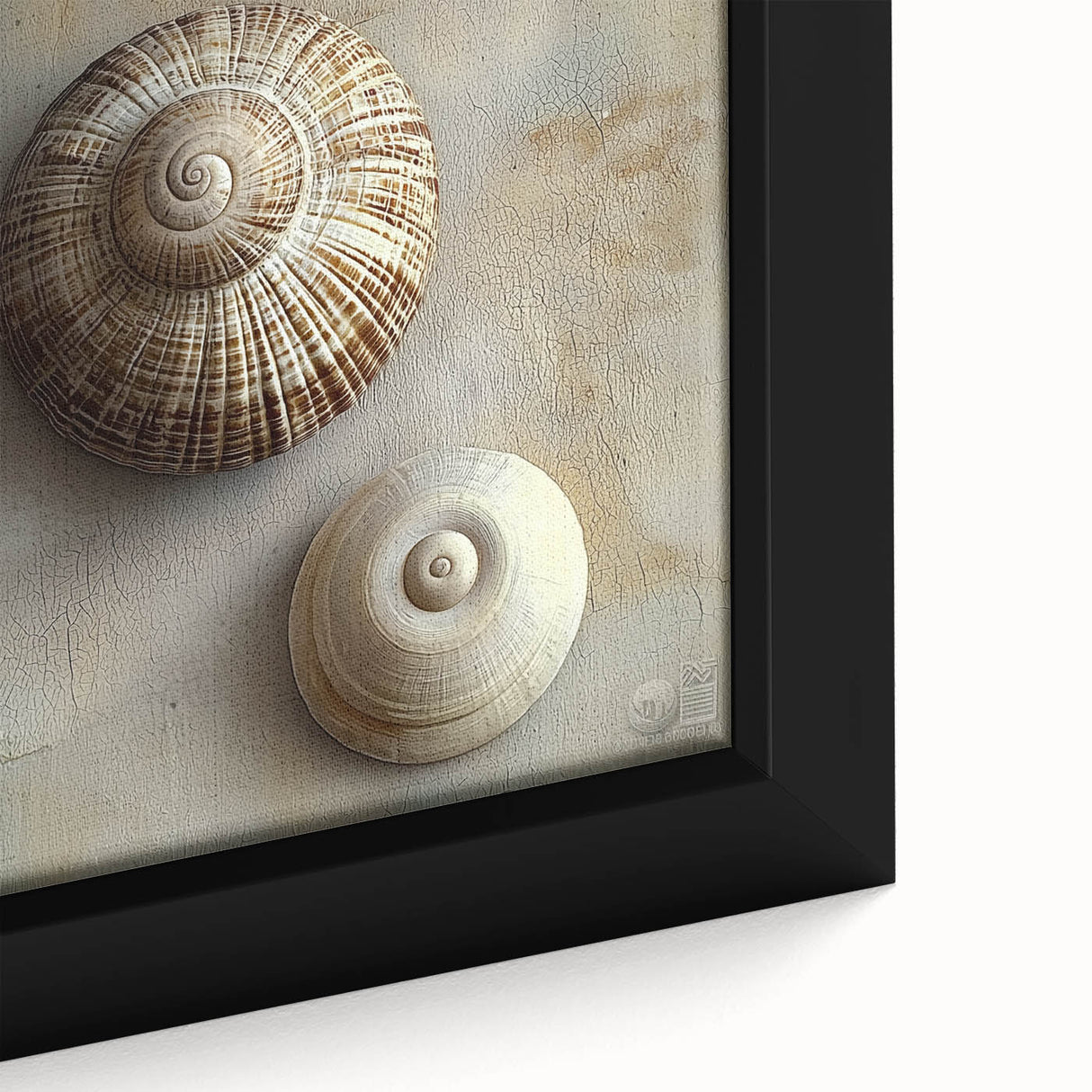 Close-up of textured black wall art featuring colorful nature elements on a large framed canvas.