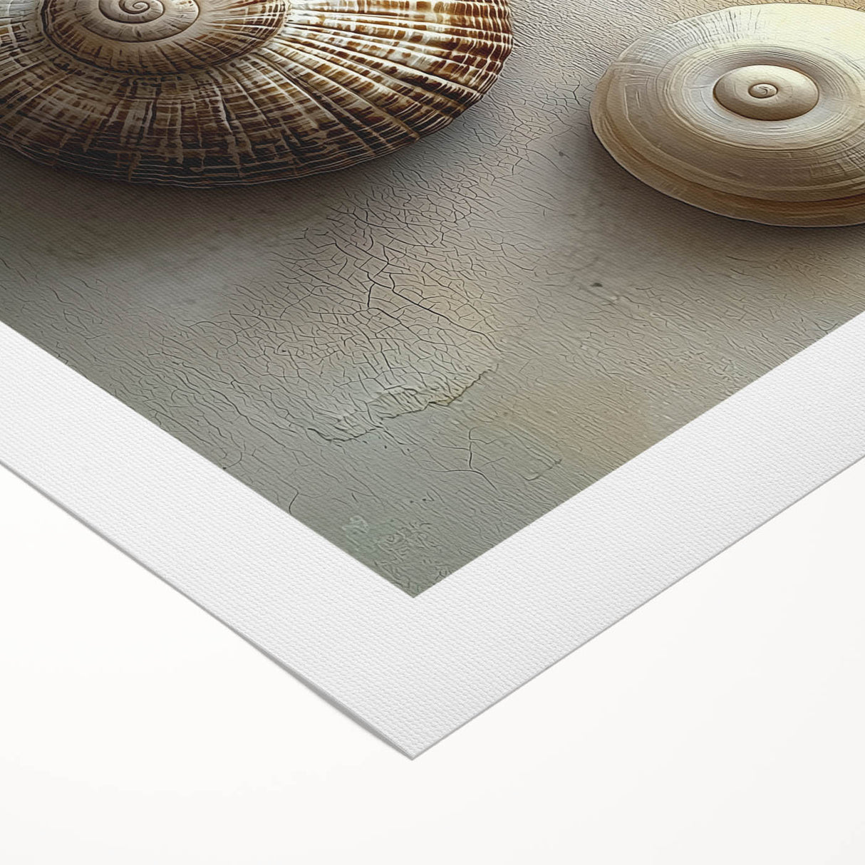 Art deco poster featuring a close-up of nature elements in muted green and brown tones on rolled canvas.