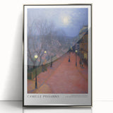 Mid-century modernist art poster featuring abstract shapes in muted tones on a silver-framed acrylic.