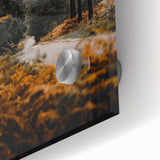Large abstract wall art depicting autumn trees in earthy tones on acrylic glass, suitable for dining room ambiance.