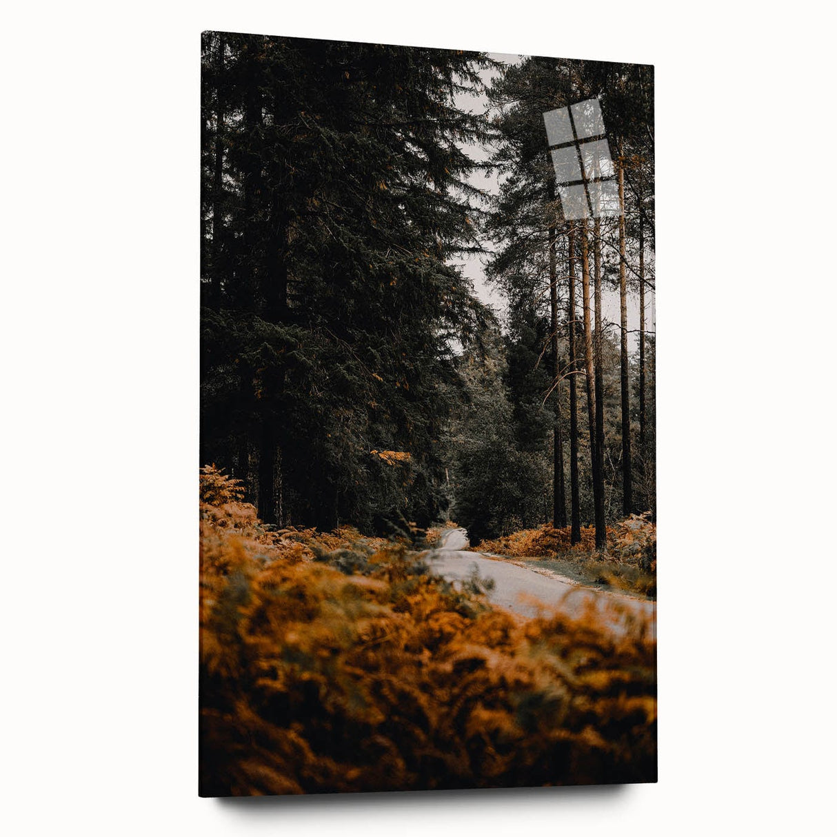 Large abstract wall art on acrylic glass depicting swirling autumn hues, ideal for bedroom or dining room decor.