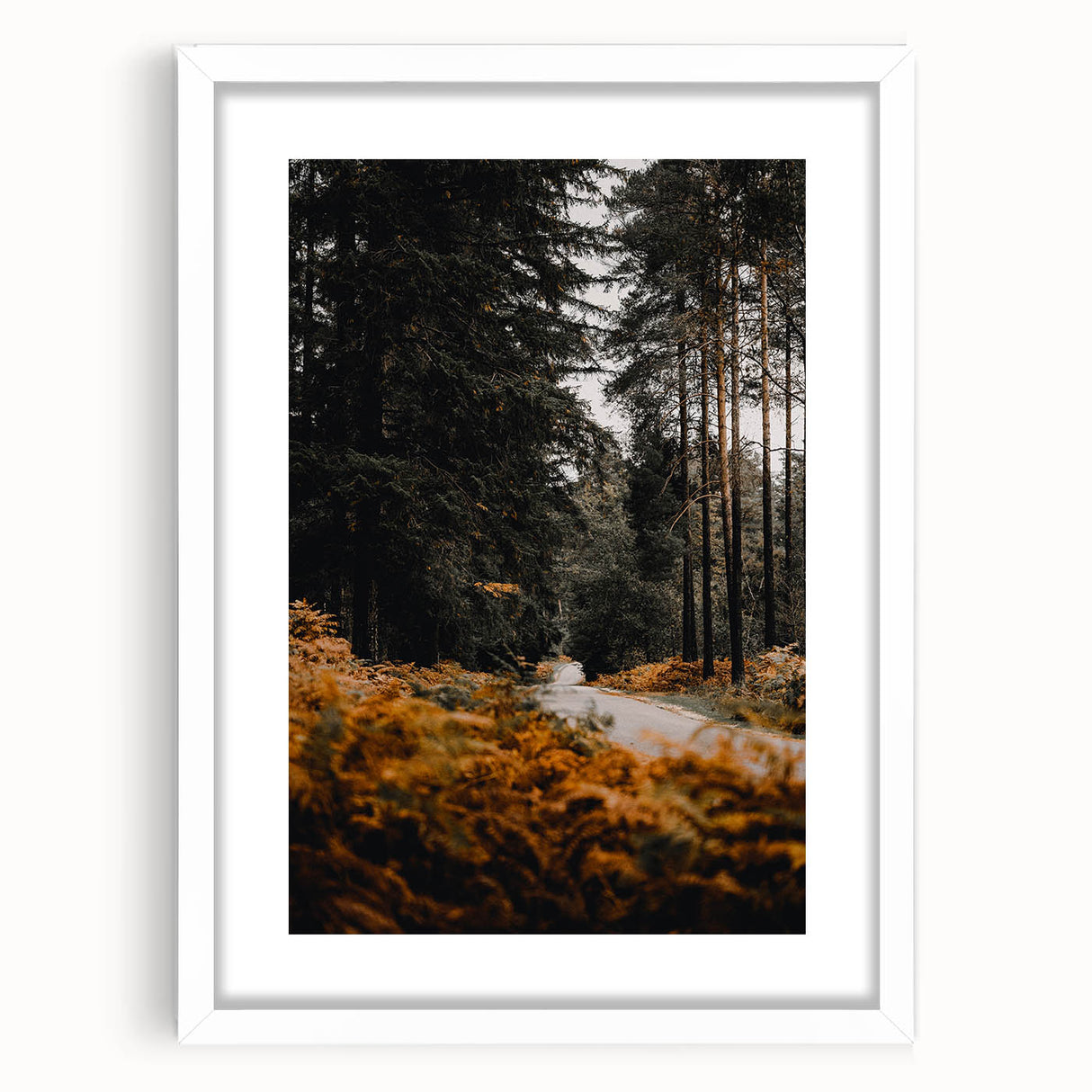 Abstract art print depicting autumnal trees in muted orange and brown tones, framed with a white mat.