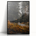 Large abstract wall art depicting autumn trees in orange and brown tones, framed in black acrylic.