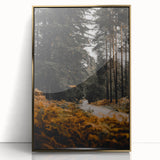 Mid-century modernist style large art print of an autumn landscape, framed acrylic with gold accents.