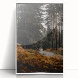 Art deco poster of autumn trees in warm orange tones, framed acrylic, ideal for modern nursery wall art.