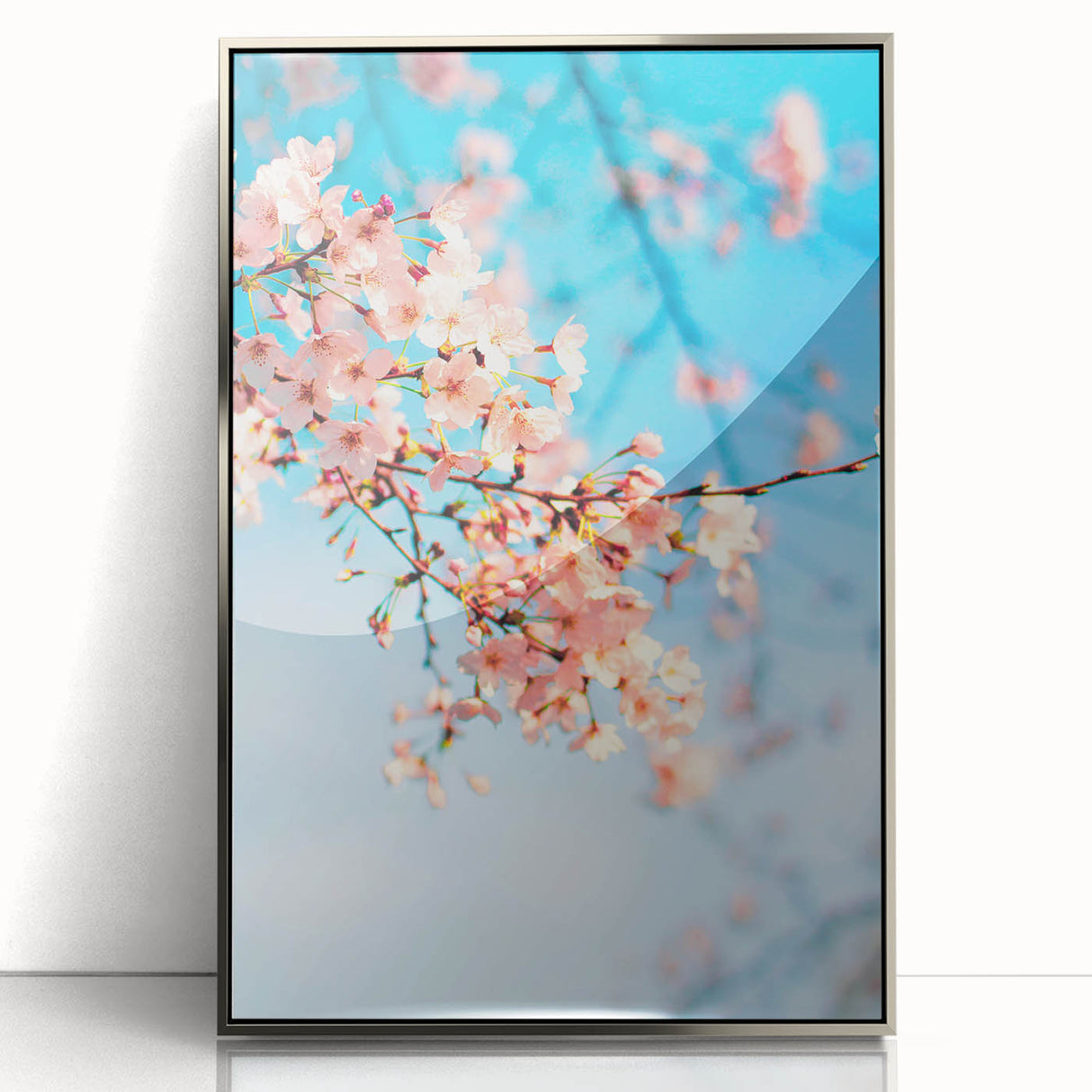 Mid-century modernist art depicting spring season in pastel shades on a silver-framed acrylic print.
