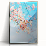 Mid-century modernist art depicting spring season in pastel shades on a silver-framed acrylic print.