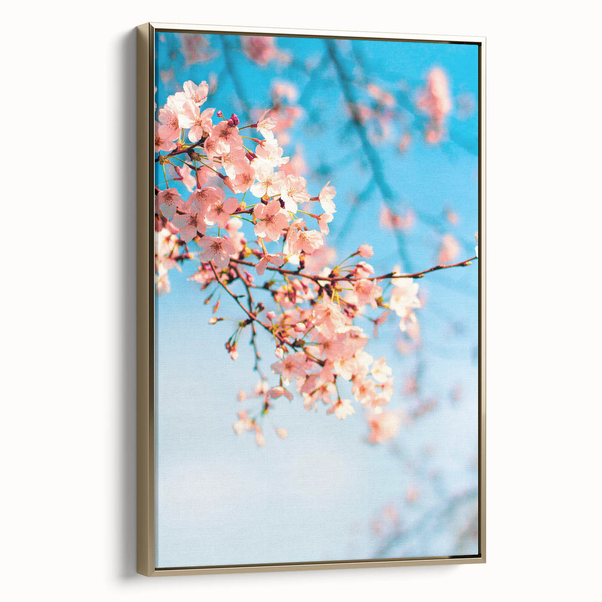 Framed canvas depicting a vintage-style landscape with lush greenery and soft pastel skies, ideal for bedroom decor.