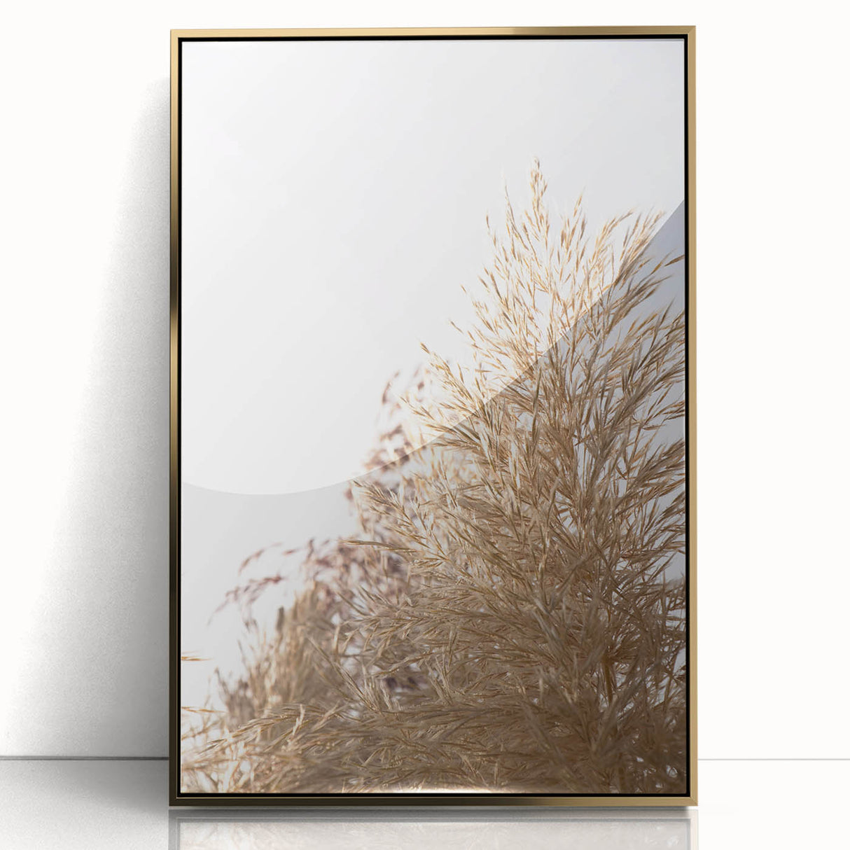 Large art print of a mid-century modernist summer scene in muted gold and green tones, framed acrylic.