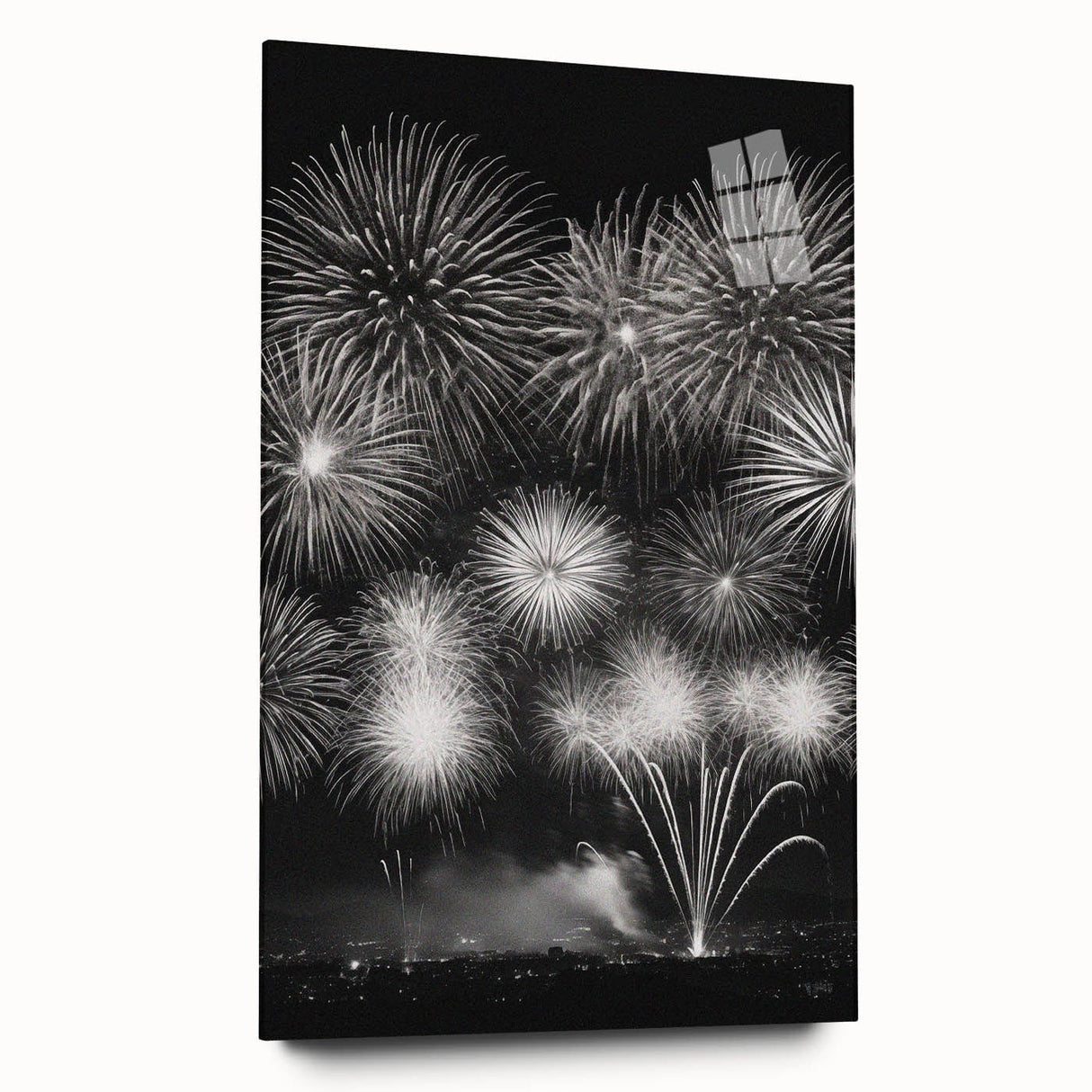 Large abstract wall art on acrylic glass depicting winter scene in muted blue and white tones.