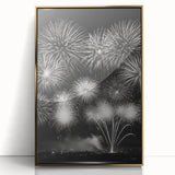 Large art print of a mid-century modernist winter scene in muted blue and gold tones, framed in acrylic.