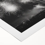 Art deco poster featuring a stylized winter scene in cool blue and white tones on rolled canvas.