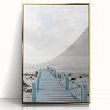 Large art print of a mid-century modernist summer scene in muted gold and green tones on acrylic.