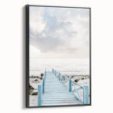 Black and white vintage poster art featuring a tranquil landscape on framed canvas, suitable for bedroom decor.