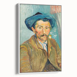 Vintage poster art of Van Gogh's Starry Night in a white frame, featuring vibrant blue and yellow tones.