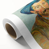 Art deco style poster of a starry night sky with swirls and a village, in dark blue and yellow tones on rolled canvas.