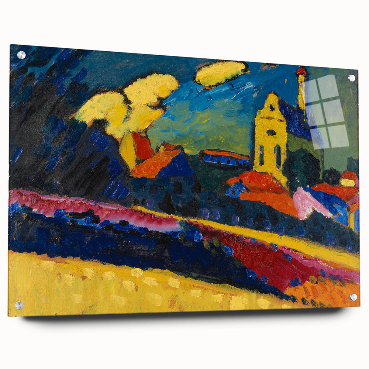Modern Wall Art: Bold Abstract Landscape with Vibrant Colors and Church