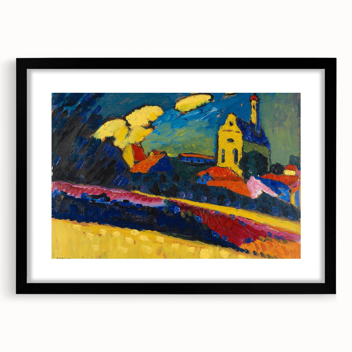 Modern Wall Art: Bold Abstract Landscape with Vibrant Colors and Church