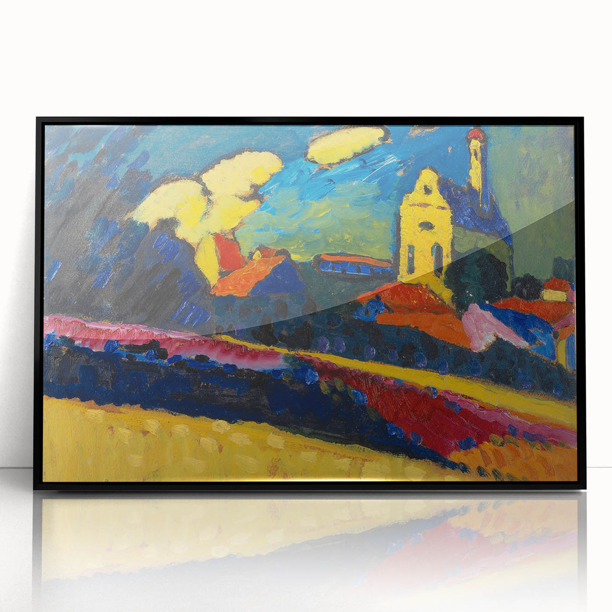 Modern Wall Art: Bold Abstract Landscape with Vibrant Colors and Church