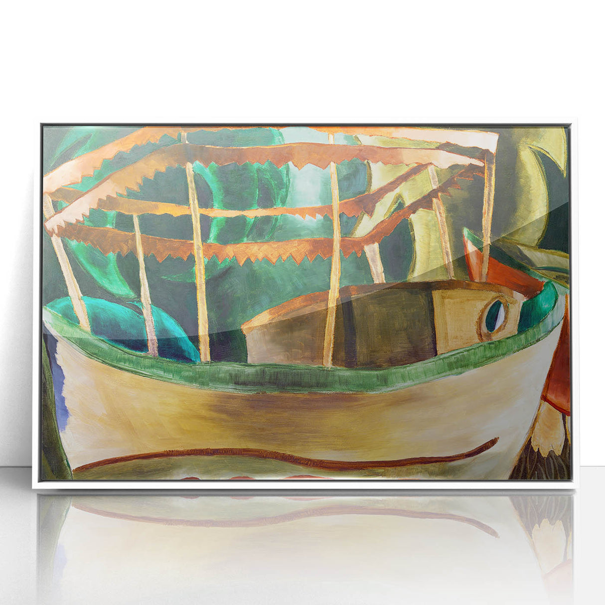 Modern Wall Art: Vibrant Abstract Fishboat Scene with Earthy Tones