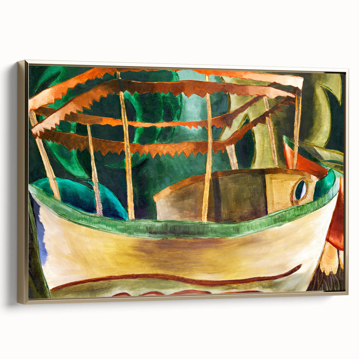 Modern Wall Art: Vibrant Abstract Fishboat Scene with Earthy Tones