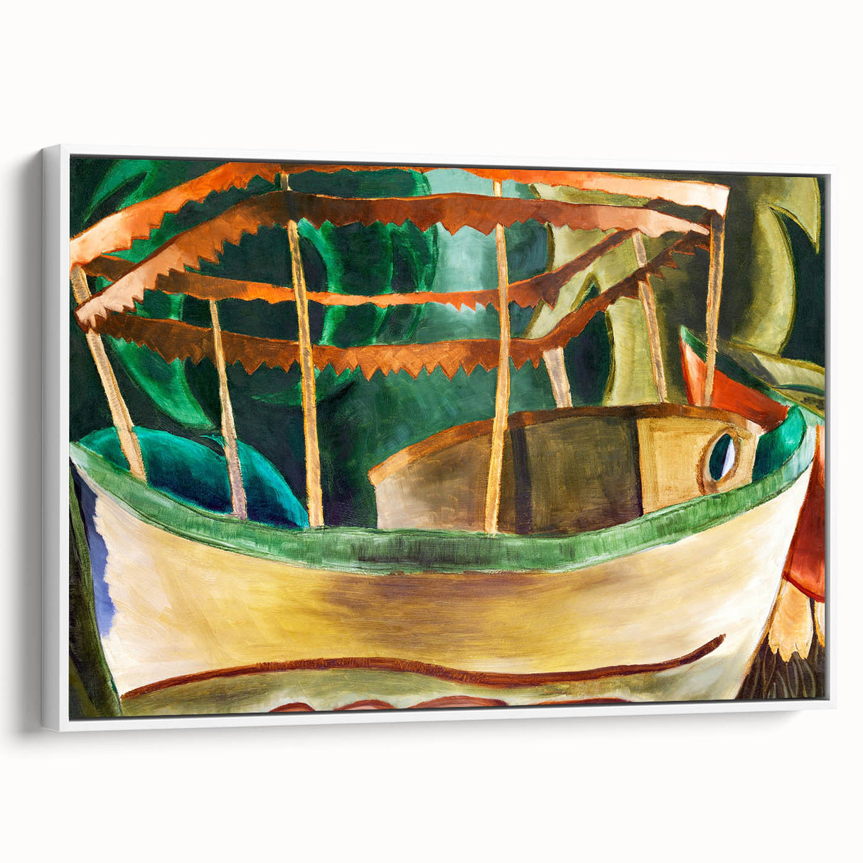 Modern Wall Art: Vibrant Abstract Fishboat Scene with Earthy Tones