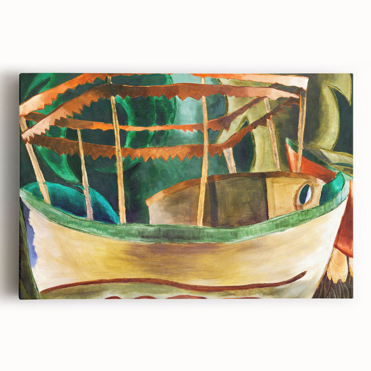 Modern Wall Art: Vibrant Abstract Fishboat Scene with Earthy Tones