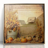 Farmhouse Wall Art with Pumpkins and Wheat - Rustic Country Style Decor