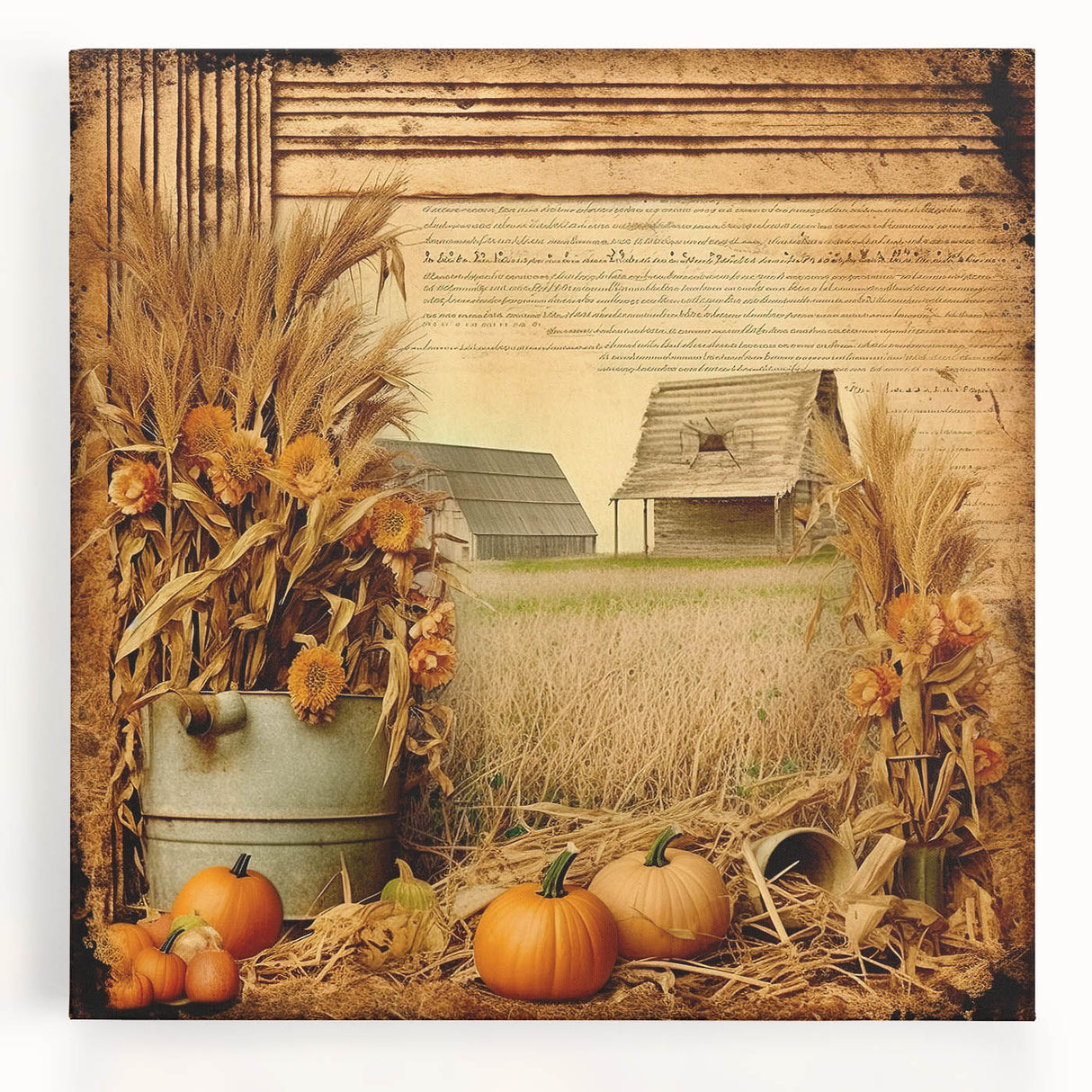 Farmhouse Wall Art with Pumpkins and Wheat - Rustic Country Style Decor