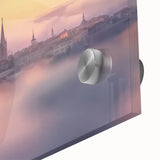 Close-up of an elegant acrylic glass artwork showcasing a stunning landscape with a castle, featuring vibrant colors and intricate details, perfect for home decor.