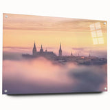 Acrylic glass artwork featuring a stunning landscape of a medieval castle, highlighted with vibrant colors and detailed textures, displayed from a side view with decorative pins.