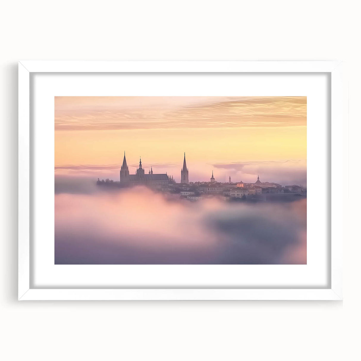 Framed landscape artwork depicting a majestic castle, set against a serene natural backdrop, featuring a white mat and elegant frame design for enhanced presentation.