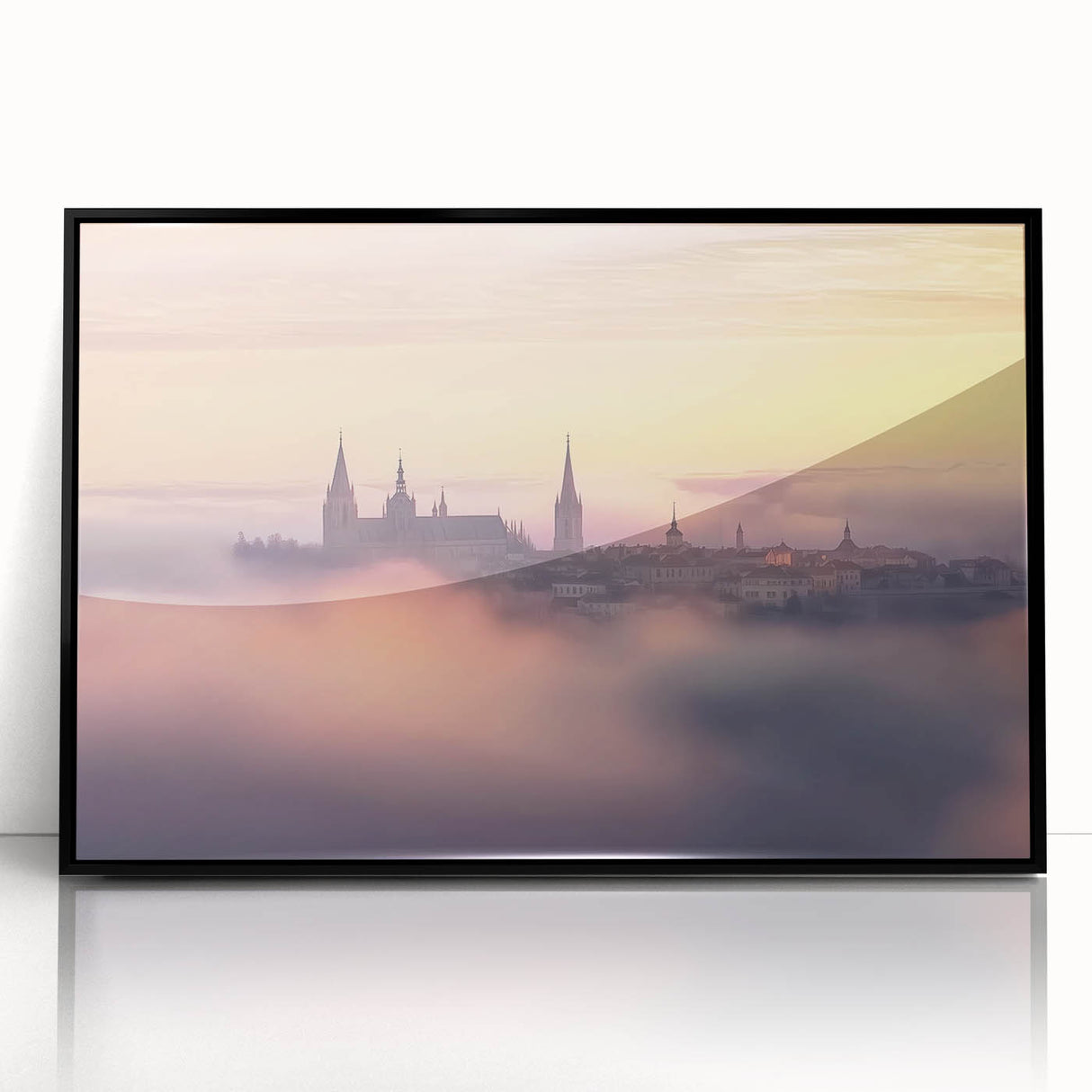 Framed acrylic print showcasing a stunning landscape of a castle nestled in lush greenery, featuring a sleek black frame and vivid colors, ideal for home decor.
