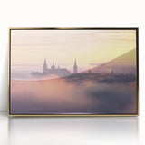 Framed acrylic artwork depicting a stunning landscape with a majestic castle, set against a vibrant sky. The gold frame adds elegance, perfect for home decor.