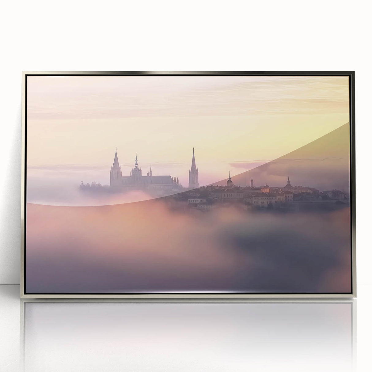 Framed acrylic artwork depicting a stunning landscape with a castle, set in a silver frame, showcasing intricate details and vibrant colors, perfect for home decor.