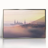 Framed acrylic artwork depicting a stunning landscape with a castle, set in a silver frame, showcasing intricate details and vibrant colors, perfect for home decor.