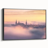 Framed canvas artwork depicting a stunning landscape with a castle, featuring a black frame, ideal for home decor or gallery display. Elegant and sophisticated design adds charm to any room.