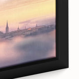 Close-up of a beautifully framed canvas showcasing a serene landscape with a majestic castle surrounded by vibrant greenery and a clear blue sky, perfect for home decor.