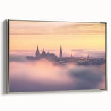 Framed canvas artwork showcasing a stunning landscape of a castle, accented with a silver frame, viewed from the side. Perfect for home decor enthusiasts.