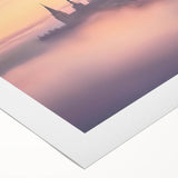 Rolled canvas artwork showcasing a vibrant landscape featuring a majestic castle surrounded by lush greenery and a blue sky, ideal for home decor.