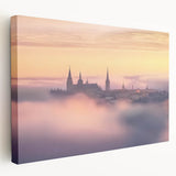 Stretched canvas artwork depicting a vibrant landscape with a majestic castle set against rolling hills, showcasing rich colors and intricate details, perfect for enhancing home decor.