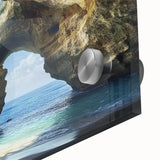 Close-up of vibrant acrylic glass art depicting a stunning landscape with intricate cave formations, showcasing rich colors and textures ideal for modern decor.