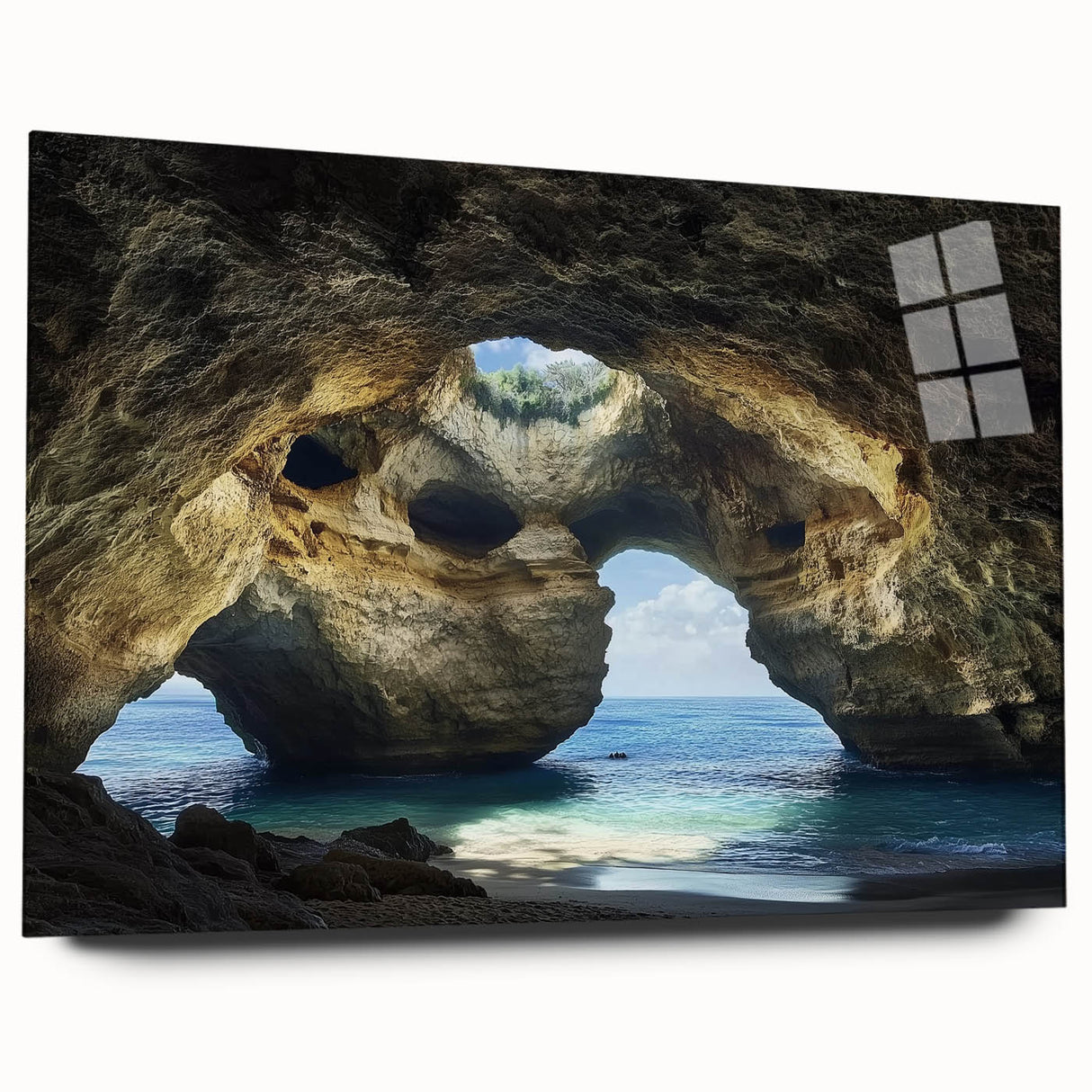 Acrylic glass artwork showcasing a stunning landscape with intricate cave formations, displayed in a modern side view, enhancing any contemporary decor.