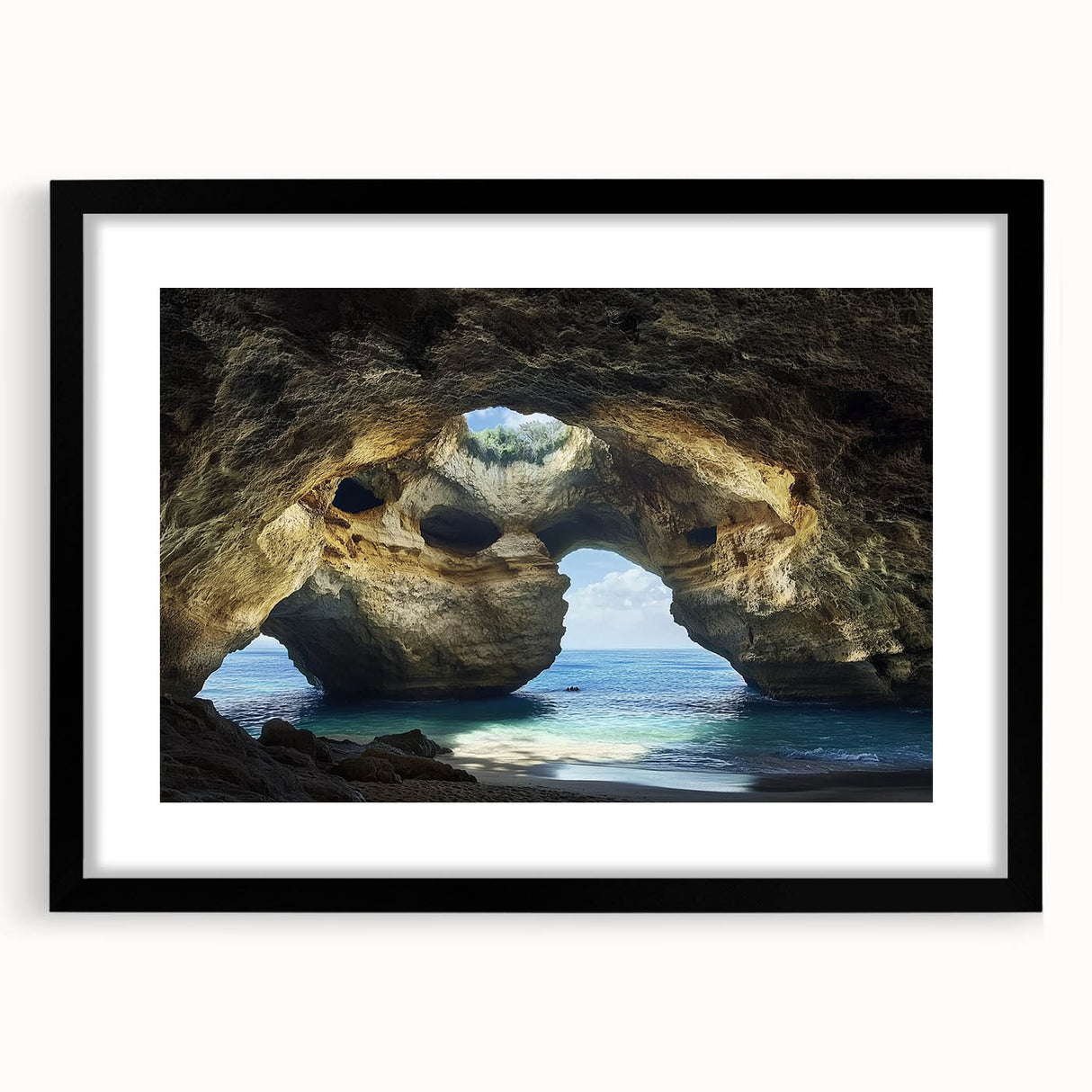 Black-framed landscape artwork featuring a vibrant cave scene, elegantly matted for a refined presentation, ideal for home decor enthusiasts seeking unique wall art.