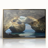Framed acrylic artwork showcasing a stunning landscape of caves with intricate detailing, accented by a luxurious gold frame, ideal for enhancing modern home decor.