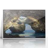 Framed acrylic artwork depicting serene landscapes and caves, featuring vibrant colors in a white frame, perfect for modern home decor accents.